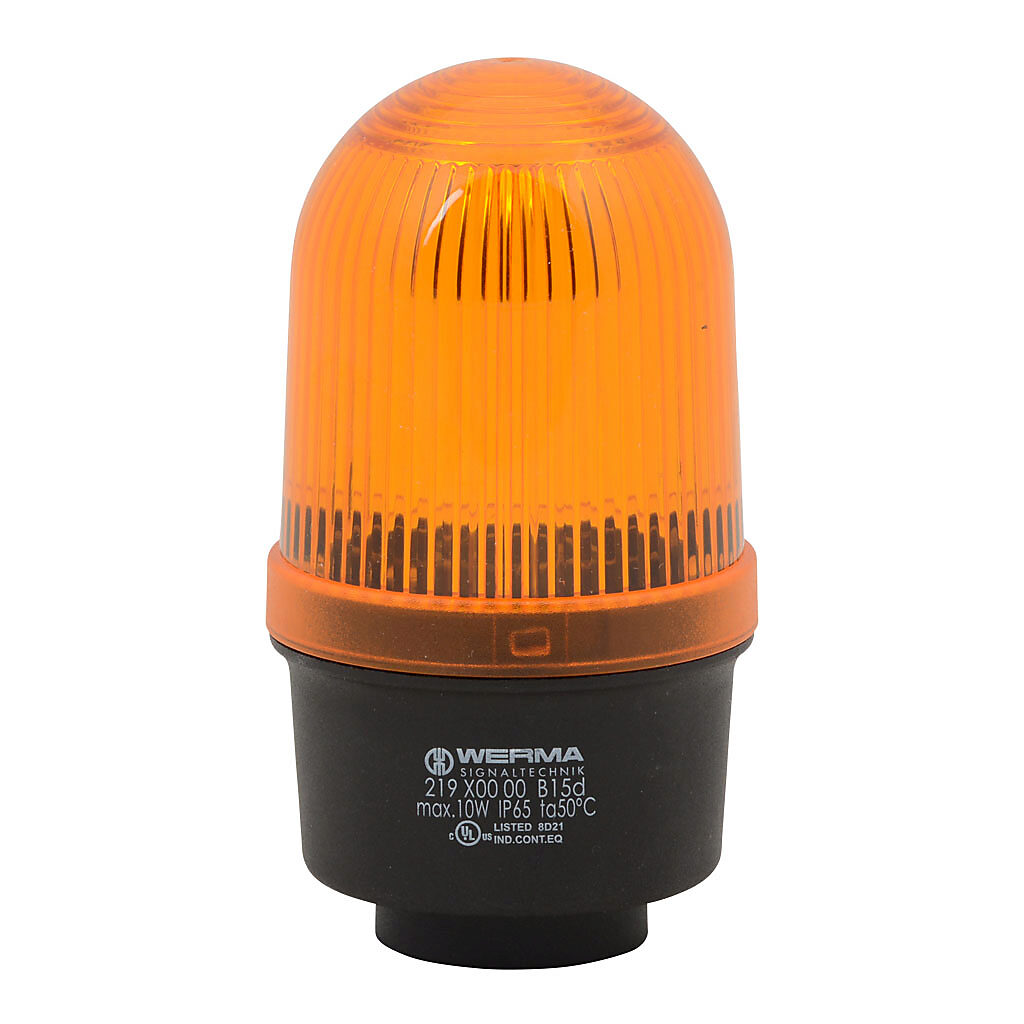 21930000 - WERMA incandescent industrial tall signal beacon, 57mm, yellow, permanent, IP65, tube mount, 12-240 VAC/VDC. Requires incandescent bulb.