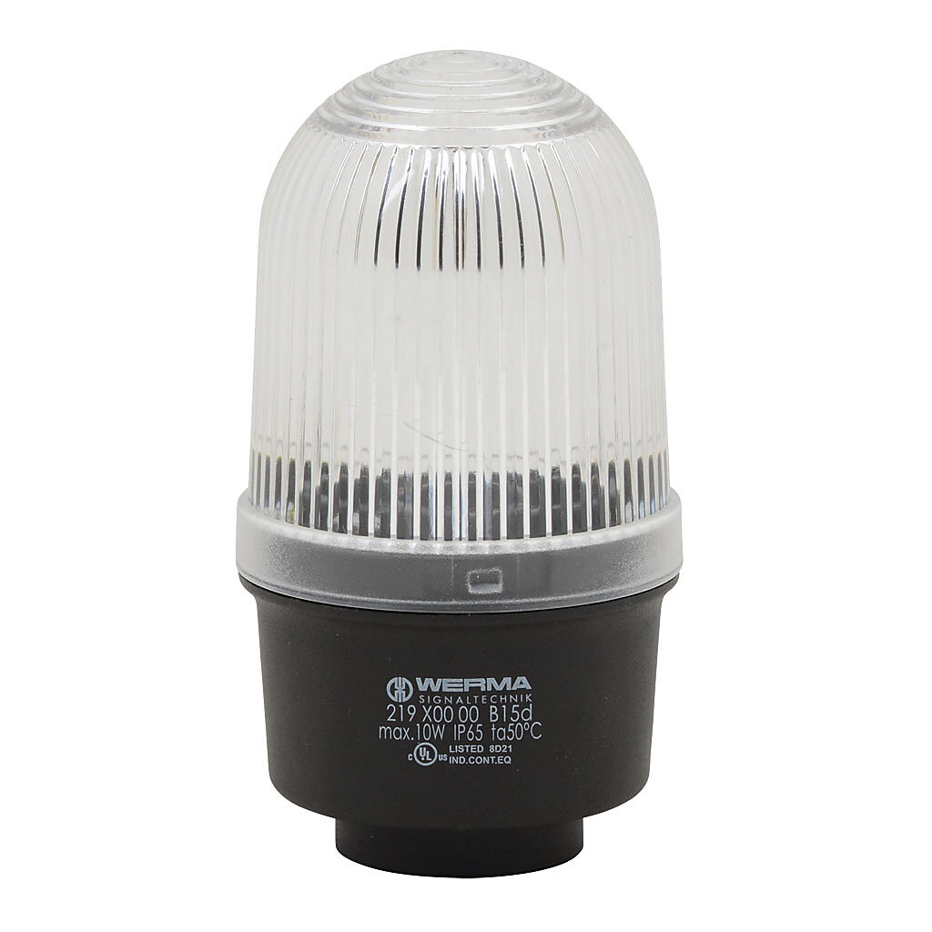 21940000 - WERMA incandescent industrial tall signal beacon, 57mm, clear/white, permanent, IP65, tube mount, 12-240 VAC/VDC. Requires incandescent bulb.