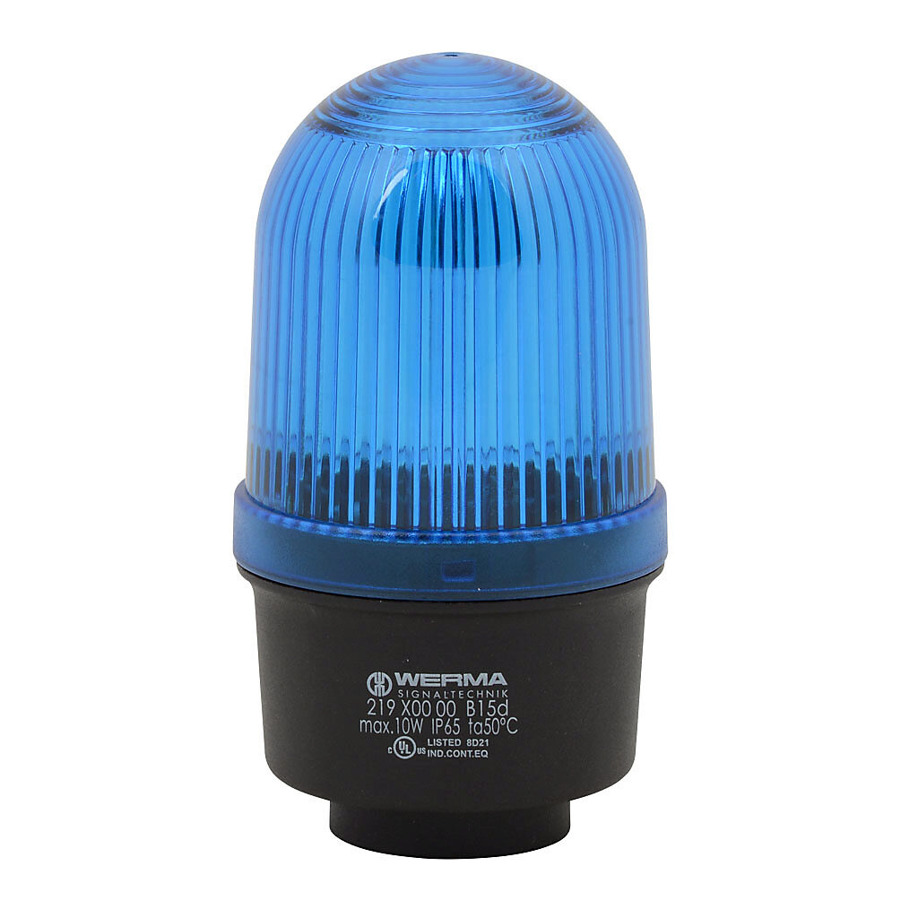 21950000 - WERMA incandescent industrial tall signal beacon, 57mm, blue, permanent, IP65, tube mount, 12-240 VAC/VDC. Requires incandescent bulb.