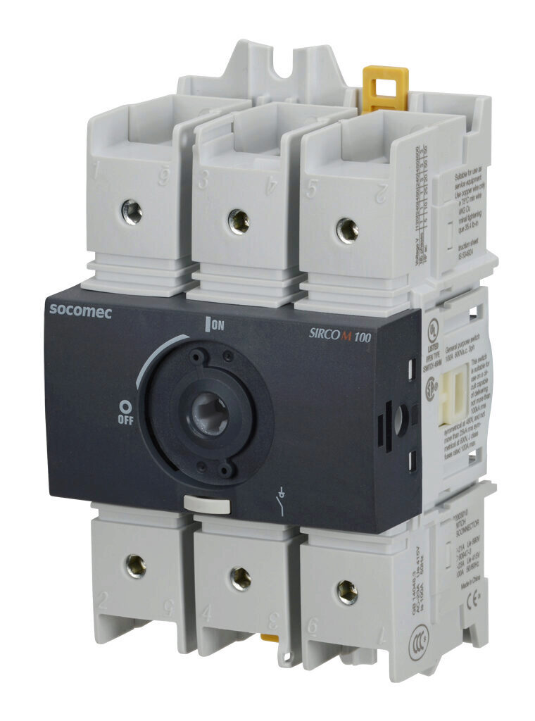 22003010 - Socomec SIRCO M Compact series rotary disconnect switch, load break capable, 3-pole, 600 VAC, 100A, 100kA SCCR, DIN rail or panel mount, UL 98 rated, front or side operated, accepts 5 x 5mm size shaft.