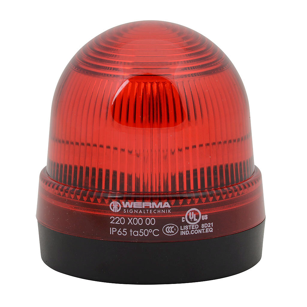 22010000 - WERMA incandescent industrial signal beacon, 75mm, red, permanent, IP65, base mount, 12-240 VAC/VDC. Requires incandescent bulb.