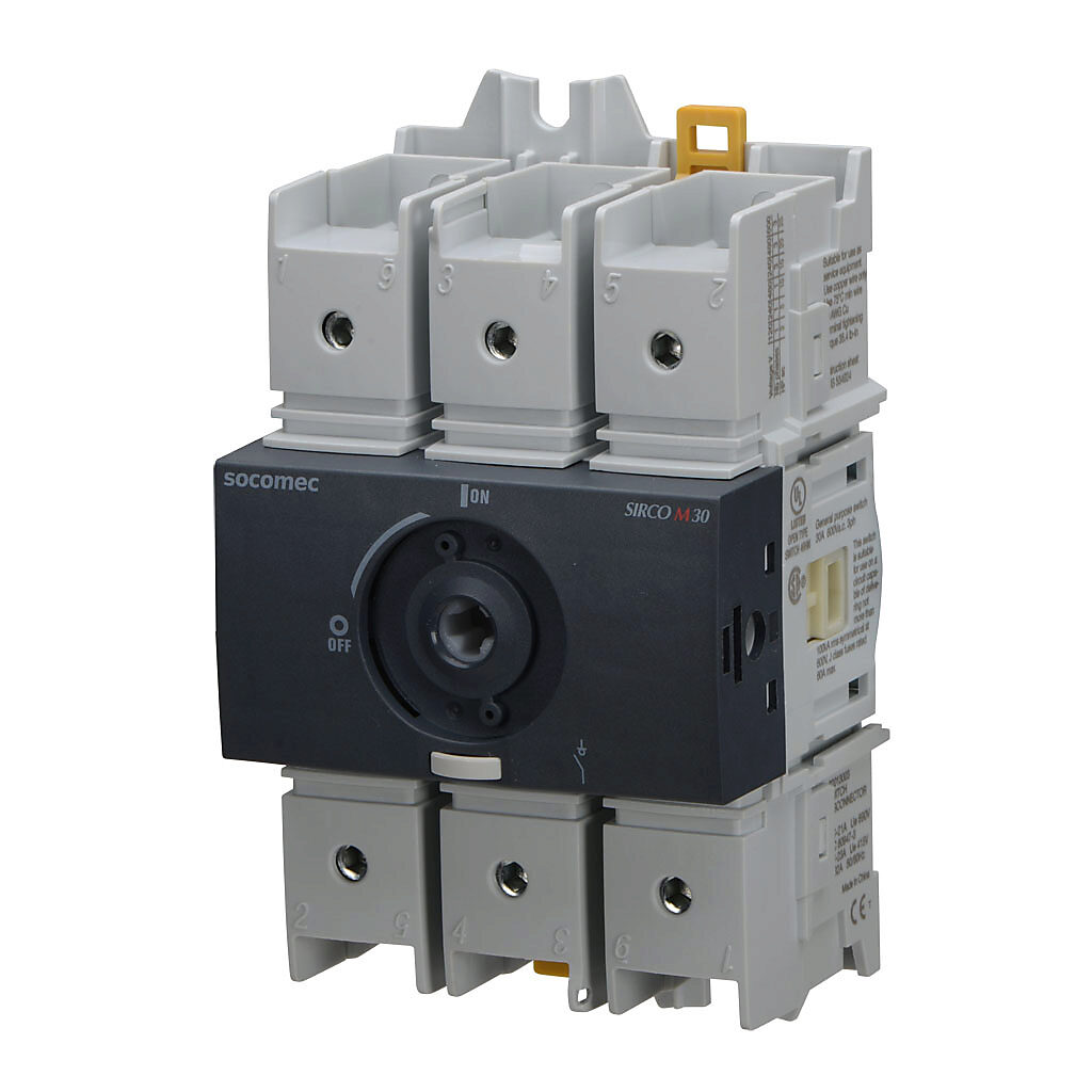 22013003 - Socomec SIRCO M Compact series rotary disconnect switch, load break capable, 3-pole, 600 VAC, 30A, 100kA SCCR, DIN rail or panel mount, UL 98 rated, front or side operated, accepts 5 x 5mm size shaft.