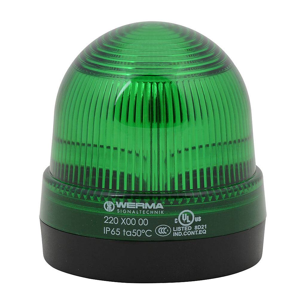 22020000 - WERMA incandescent industrial signal beacon, 75mm, green, permanent, IP65, base mount, 12-240 VAC/VDC. Requires incandescent bulb.
