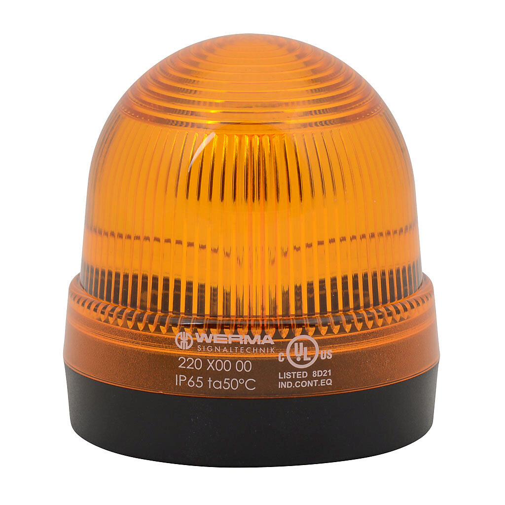 22030000 - WERMA incandescent industrial signal beacon, 75mm, yellow, permanent, IP65, base mount, 12-240 VAC/VDC. Requires incandescent bulb.