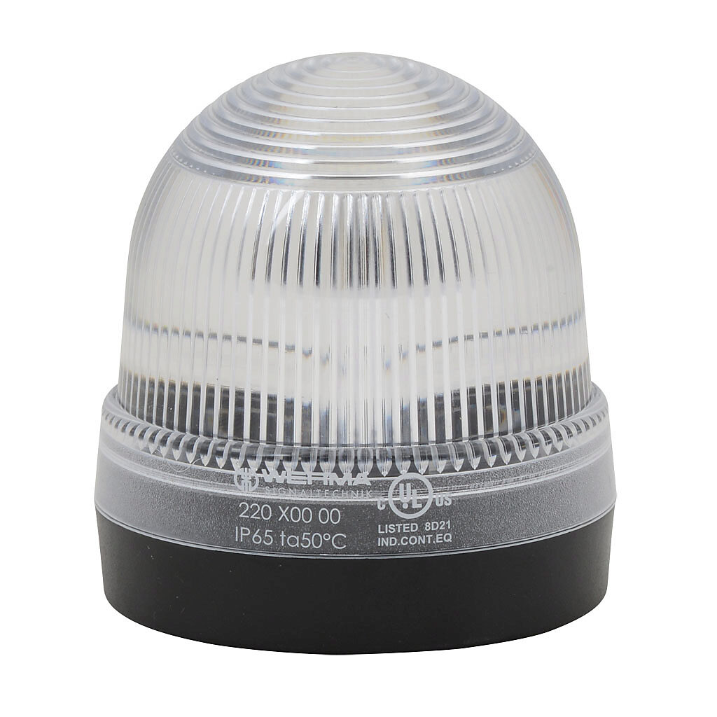 22040000 - WERMA incandescent industrial signal beacon, 75mm, clear/white, permanent, IP65, base mount, 12-240 VAC/VDC. Requires incandescent bulb.