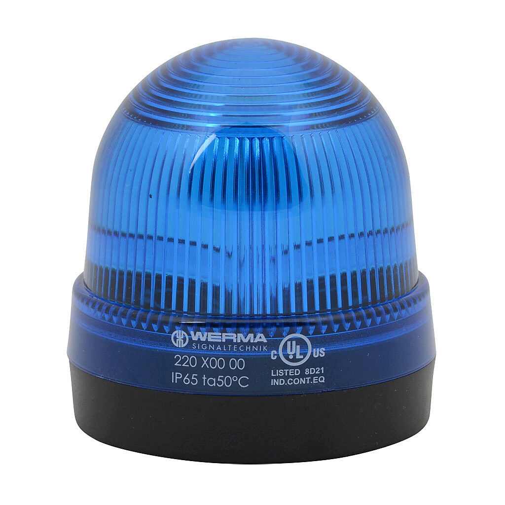 22050000 - WERMA incandescent industrial signal beacon, 75mm, blue, permanent, IP65, base mount, 12-240 VAC/VDC. Requires incandescent bulb.