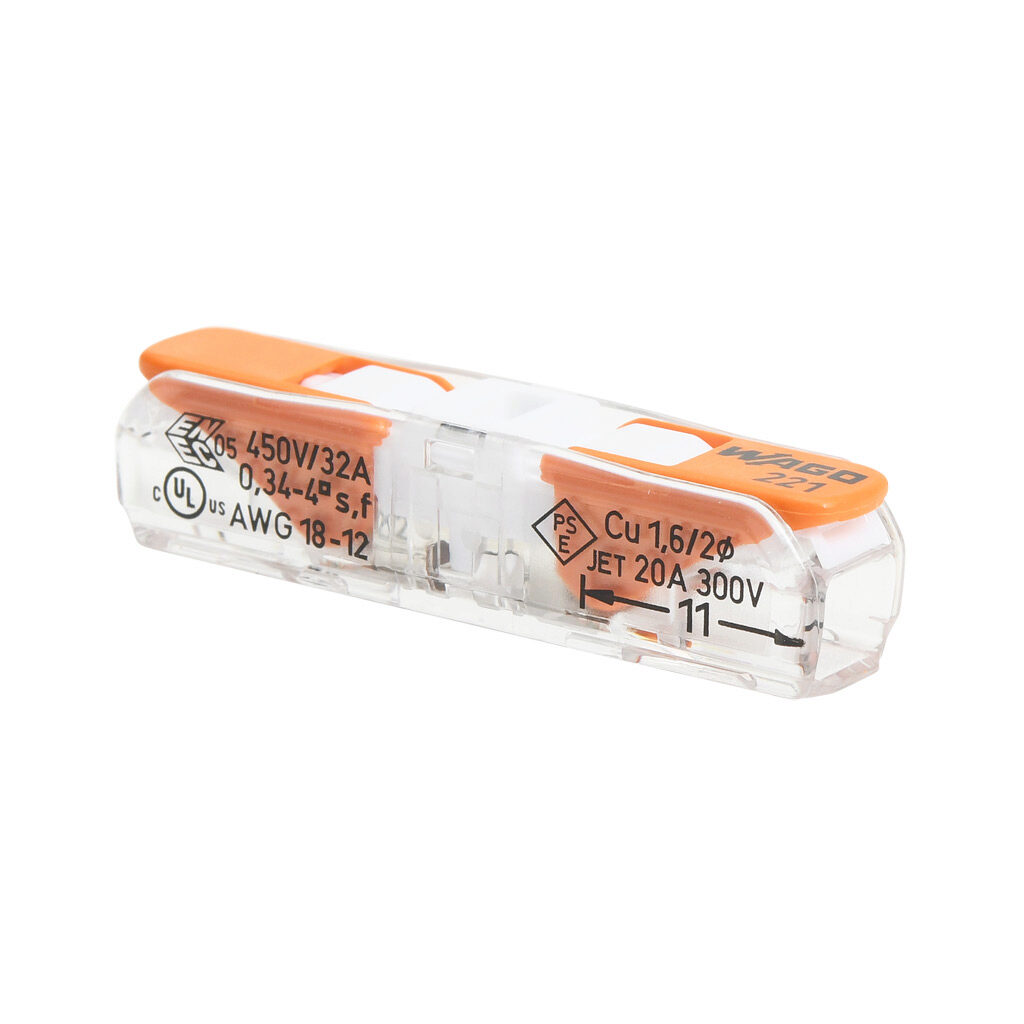 221-2401 - WAGO 221 series splicing connector, lever, in-line, 2 openings, copper conductor, 20-12 AWG solid, 18-12 AWG stranded, 20A, 600V, polycarbonate housing, transparent/orange. Package of 60.
