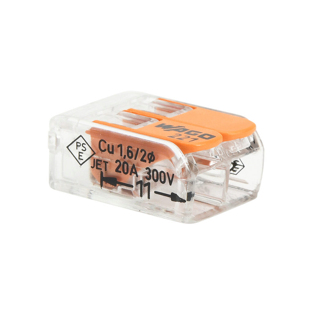 221-412 - WAGO 221 series splicing connector, lever, side-entry, 2 openings, copper conductor, 24-12 AWG solid, 24-12 AWG stranded, 20A, 600V, polycarbonate housing, transparent/orange. Package of 100.