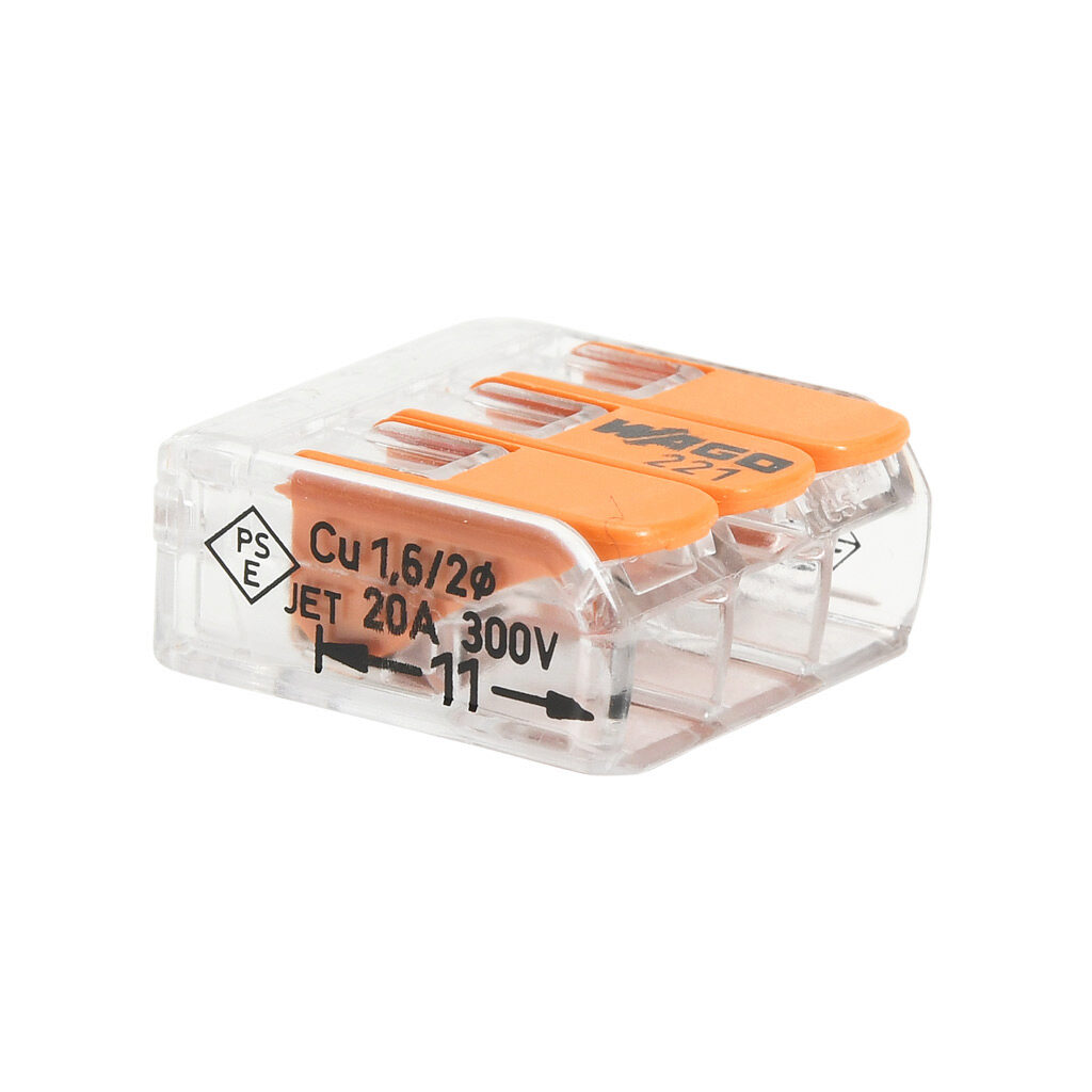 221-413 - WAGO 221 series splicing connector, lever, side-entry, 3 openings, copper conductor, 24-12 AWG solid, 24-12 AWG stranded, 20A, 600V, polycarbonate housing, transparent/orange. Package of 50.
