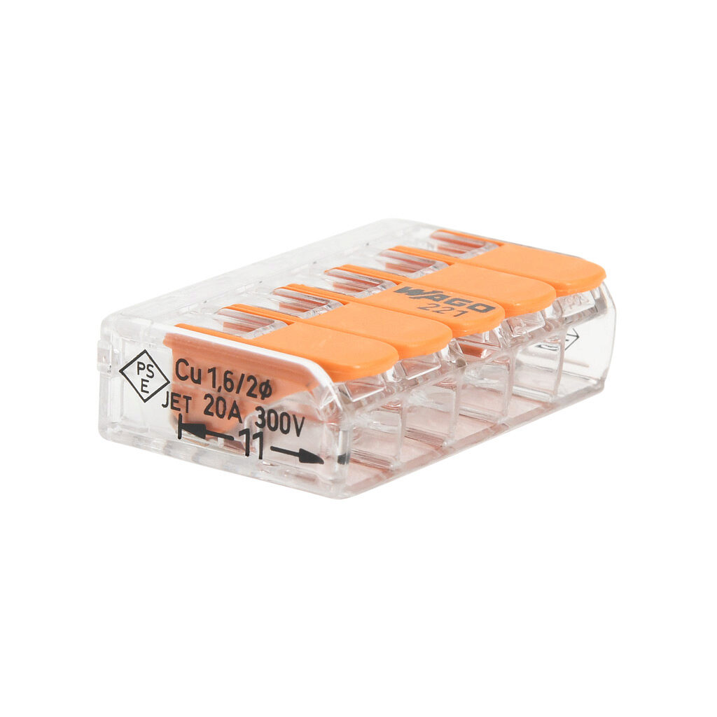 221-415 - WAGO 221 series splicing connector, lever, side-entry, 5 openings, copper conductor, 24-12 AWG solid, 24-12 AWG stranded, 20A, 600V, polycarbonate housing, transparent/orange. Package of 25.