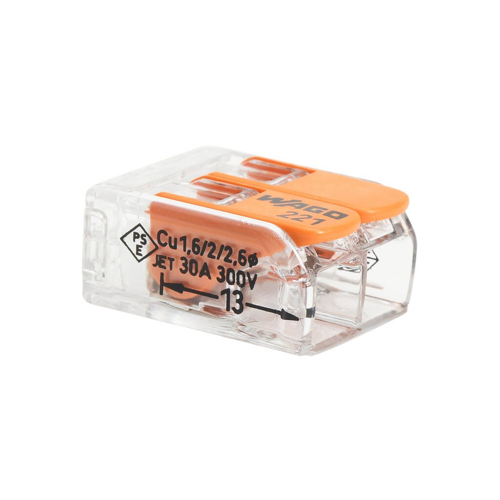 221-612 - WAGO 221 series splicing connector, lever, side-entry, 2 openings, copper conductor, 20-10 AWG solid, 20-10 AWG stranded, 30A, 600V, polycarbonate housing, transparent/orange. Package of 50.