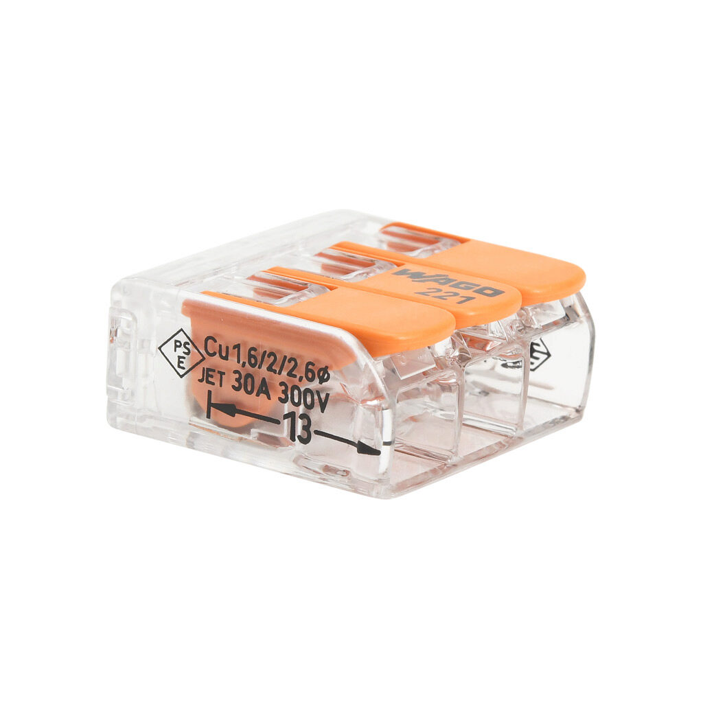 221-613 - WAGO 221 series splicing connector, lever, side-entry, 3 openings, copper conductor, 20-10 AWG solid, 20-10 AWG stranded, 30A, 600V, polycarbonate housing, transparent/orange. Package of 30.