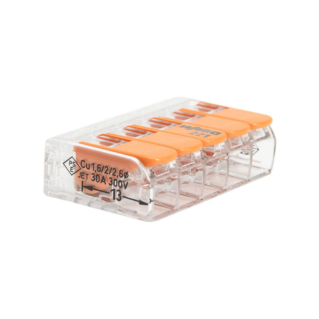 221-615 - WAGO 221 series splicing connector, lever, side-entry, 5 openings, copper conductor, 20-10 AWG solid, 20-10 AWG stranded, 30A, 600V, polycarbonate housing, transparent/orange. Package of 15.