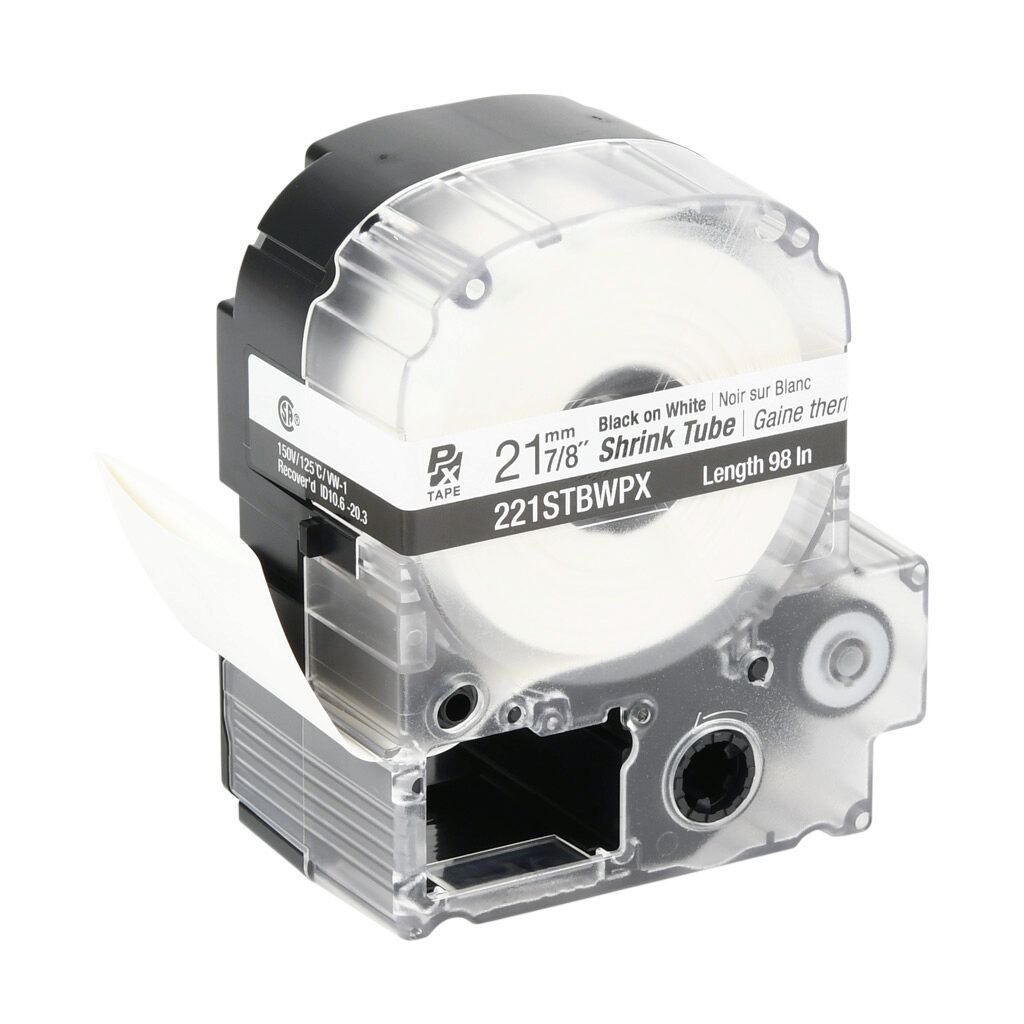 221STBWPX - Epson LabelWorks PX series heat-shrink tube label cartridge, 21mm (7/8in) nominal diameter, 98in roll, black text, white background, polyolefin, 1-0000 AWG. For use with Epson LabelWorks PX series label printers.