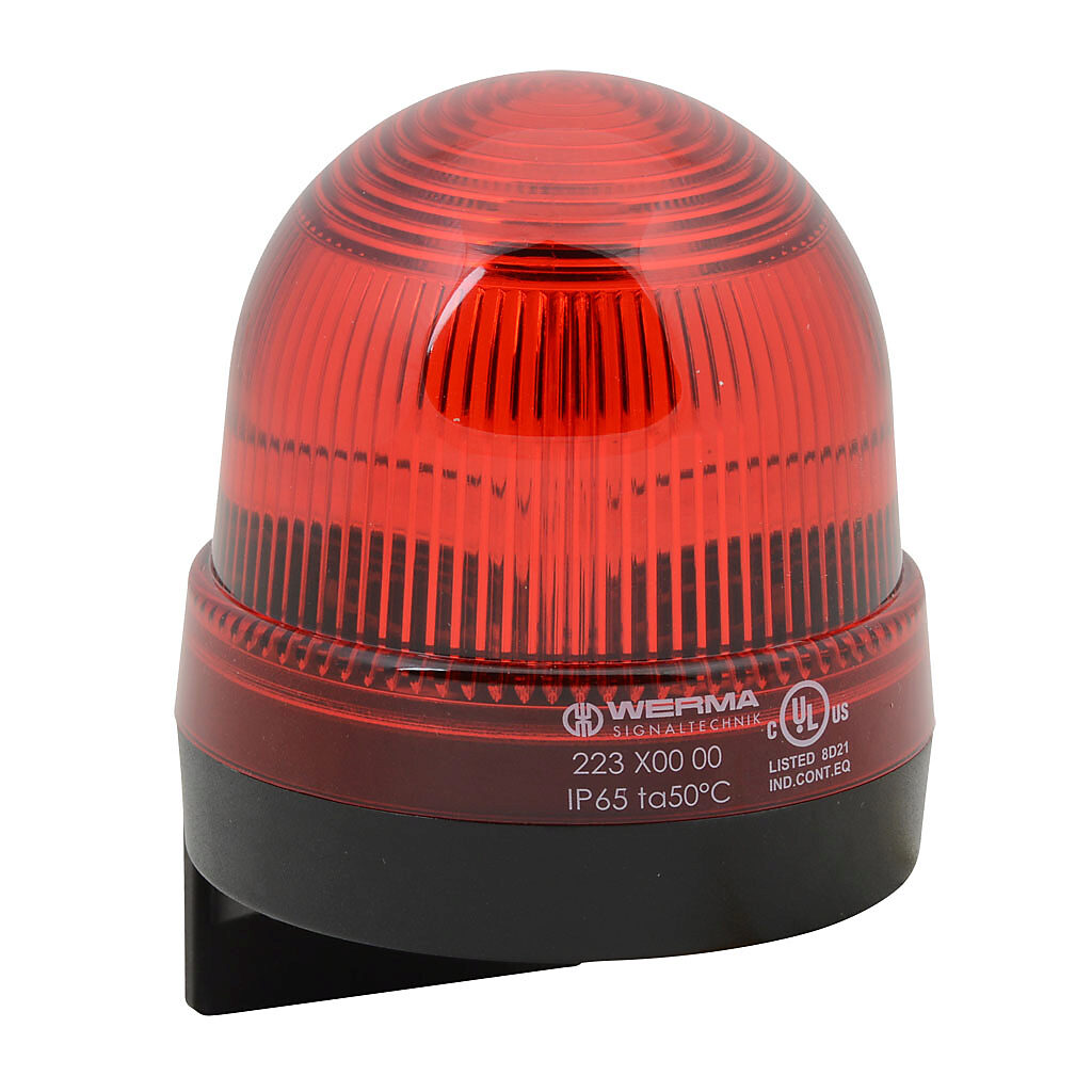 22310000 - WERMA incandescent industrial signal beacon, 75mm, red, permanent, IP65, bracket mount, 12-240 VAC/VDC. Requires incandescent bulb.