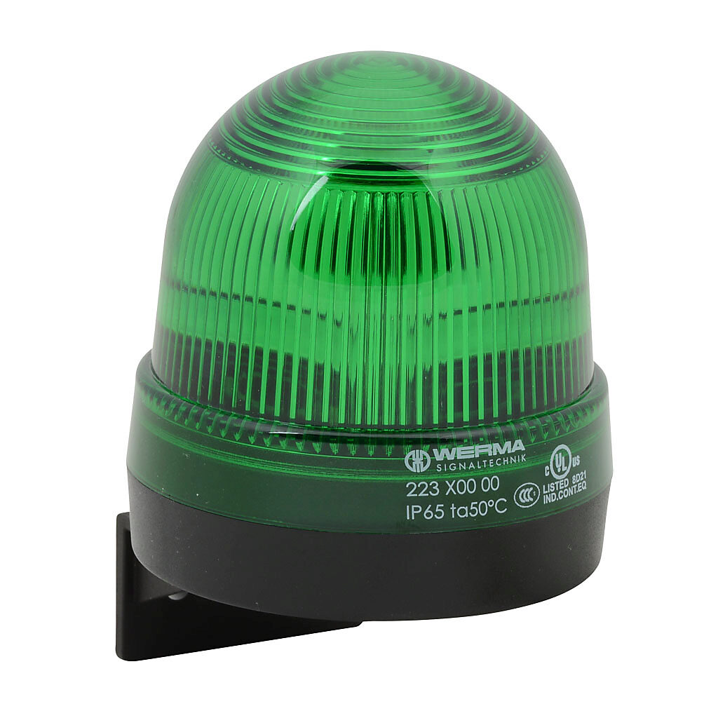 22320000 - WERMA incandescent industrial signal beacon, 75mm, green, permanent, IP65, bracket mount, 12-240 VAC/VDC. Requires incandescent bulb.