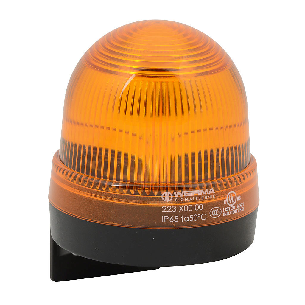 22330000 - WERMA incandescent industrial signal beacon, 75mm, yellow, permanent, IP65, bracket mount, 12-240 VAC/VDC. Requires incandescent bulb.
