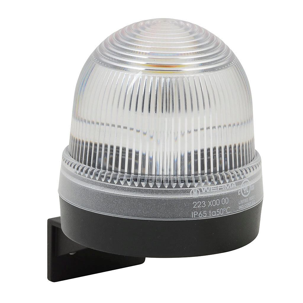 22340000 - WERMA incandescent industrial signal beacon, 75mm, clear/white, permanent, IP65, bracket mount, 12-240 VAC/VDC. Requires incandescent bulb.