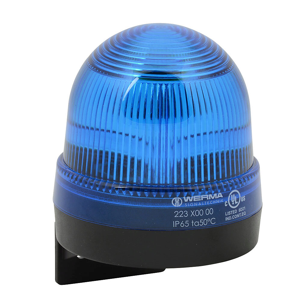 22350000 - WERMA incandescent industrial signal beacon, 75mm, blue, permanent, IP65, bracket mount, 12-240 VAC/VDC. Requires incandescent bulb.