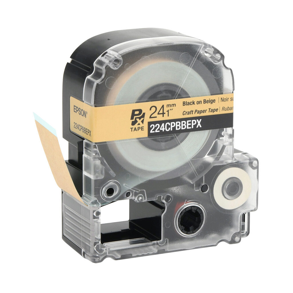 224CPBBEPX - Epson LabelWorks PX series craft paper tape label cartridge, 24mm (1in) wide, 16.5ft roll, black text, brown background, kraft paper. For use with Epson LabelWorks PX series label printers.