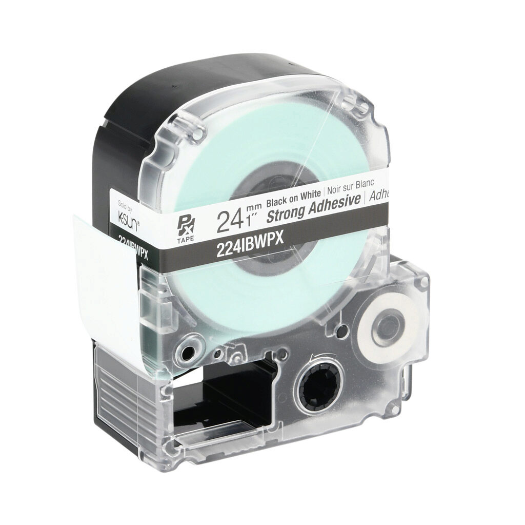 224IBWPX - Epson LabelWorks PX series strong adhesive label cartridge, 24mm (1in) wide, 30ft roll, black text, white background, polyester. For use with Epson LabelWorks PX series label printers.