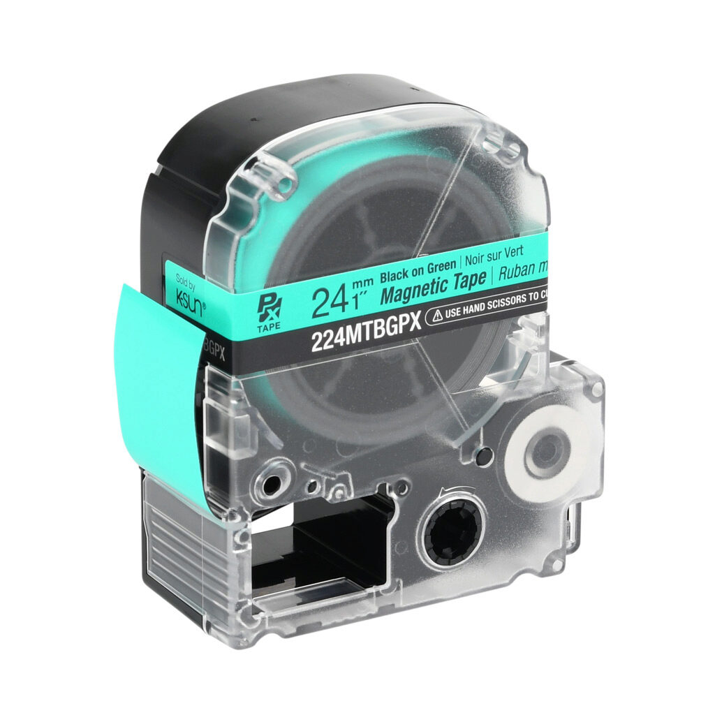 224MTBGPX-4.9 - Epson LabelWorks PX series magnetic label cartridge, 24mm (1in) wide, 4.9ft roll, black text, green background, polyester-laminated magnet. For use with Epson LabelWorks PX series label printers.