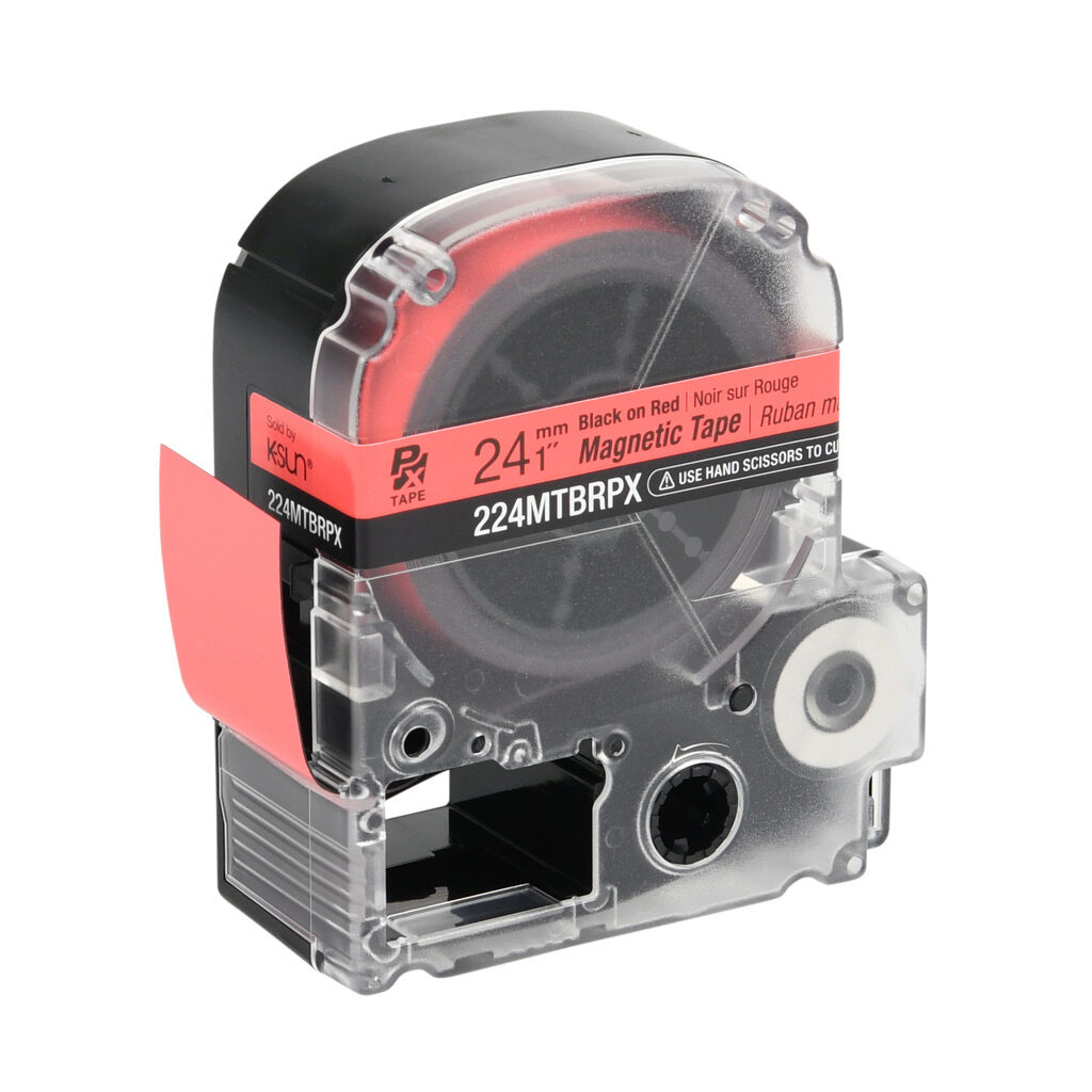 224MTBRPX-4.9 - Epson LabelWorks PX series magnetic label cartridge, 24mm (1in) wide, 4.9ft roll, black text, red background, polyester-laminated magnet. For use with Epson LabelWorks PX series label printers.