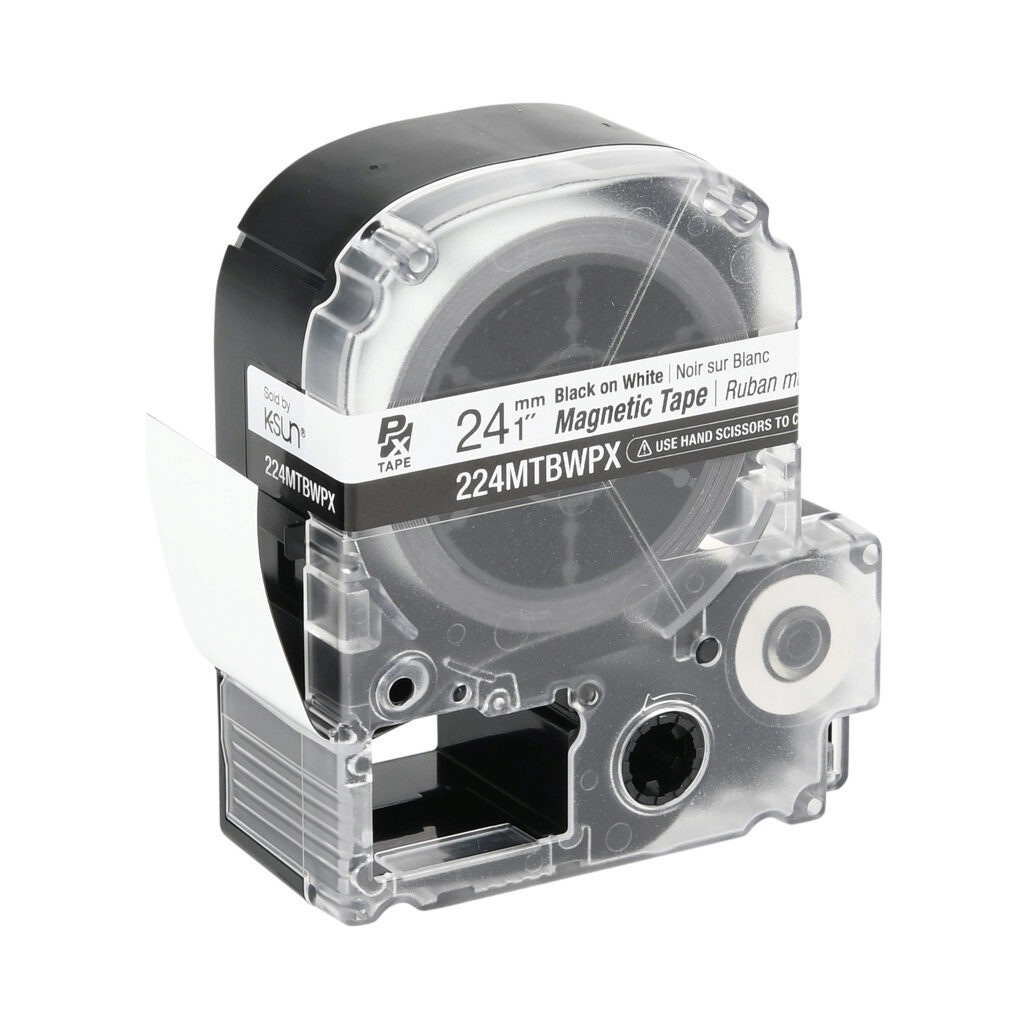 224MTBWPX-4.9 - Epson LabelWorks PX series magnetic label cartridge, 24mm (1in) wide, 4.9ft roll, black text, white background, polyester-laminated magnet. For use with Epson LabelWorks PX series label printers.