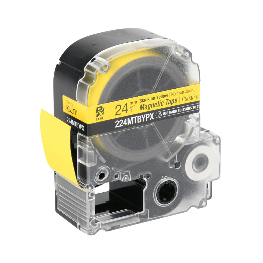224MTBYPX-4.9 - Epson LabelWorks PX series magnetic label cartridge, 24mm (1in) wide, 4.9ft roll, black text, yellow background, polyester-laminated magnet. For use with Epson LabelWorks PX series label printers.