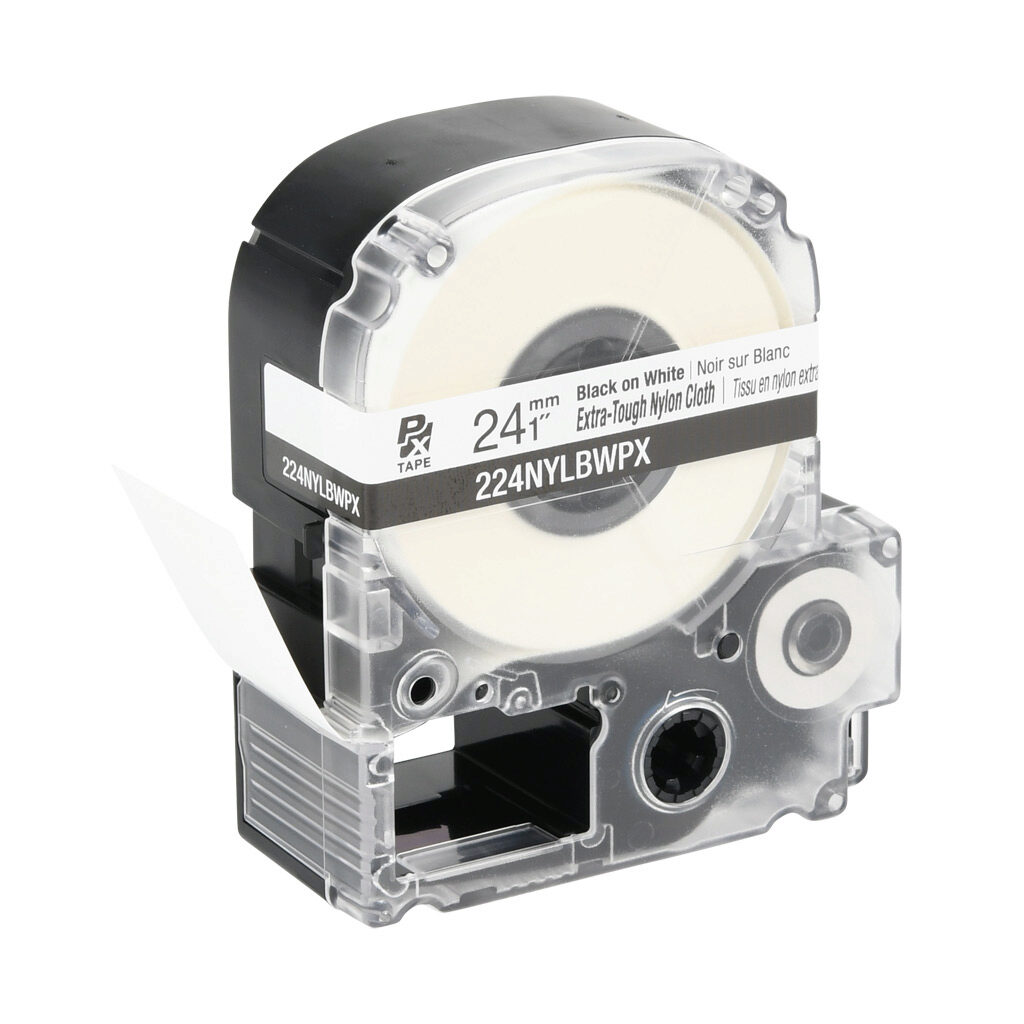 224NYLBWPX - Epson LabelWorks PX series extra-tough label cartridge, 24mm (1in) wide, 19ft roll, black text, white background, nylon cloth. For use with Epson LabelWorks PX series label printers.