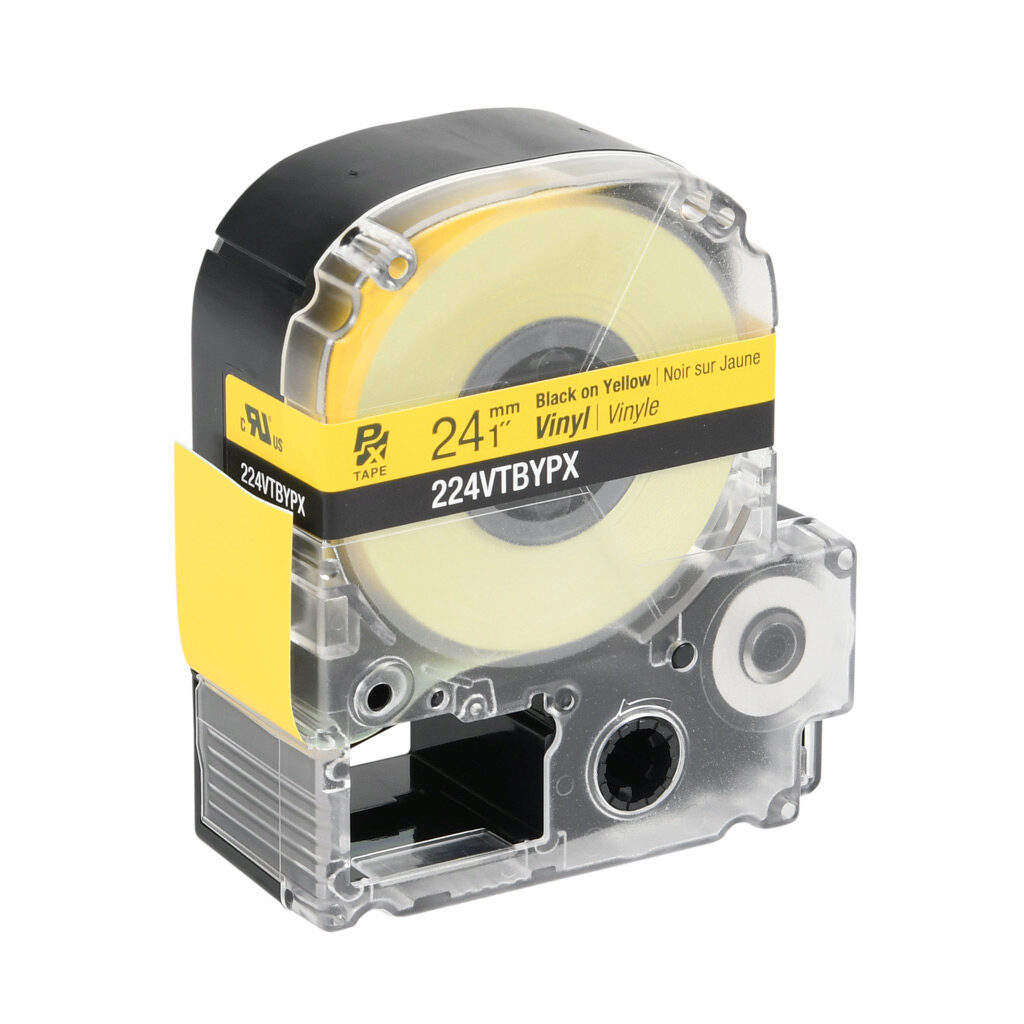 224VTBYPX - Epson LabelWorks PX series standard label cartridge, 24mm (1in) wide, 22.9ft roll, black text, yellow background, vinyl. For use with Epson LabelWorks PX series label printers.