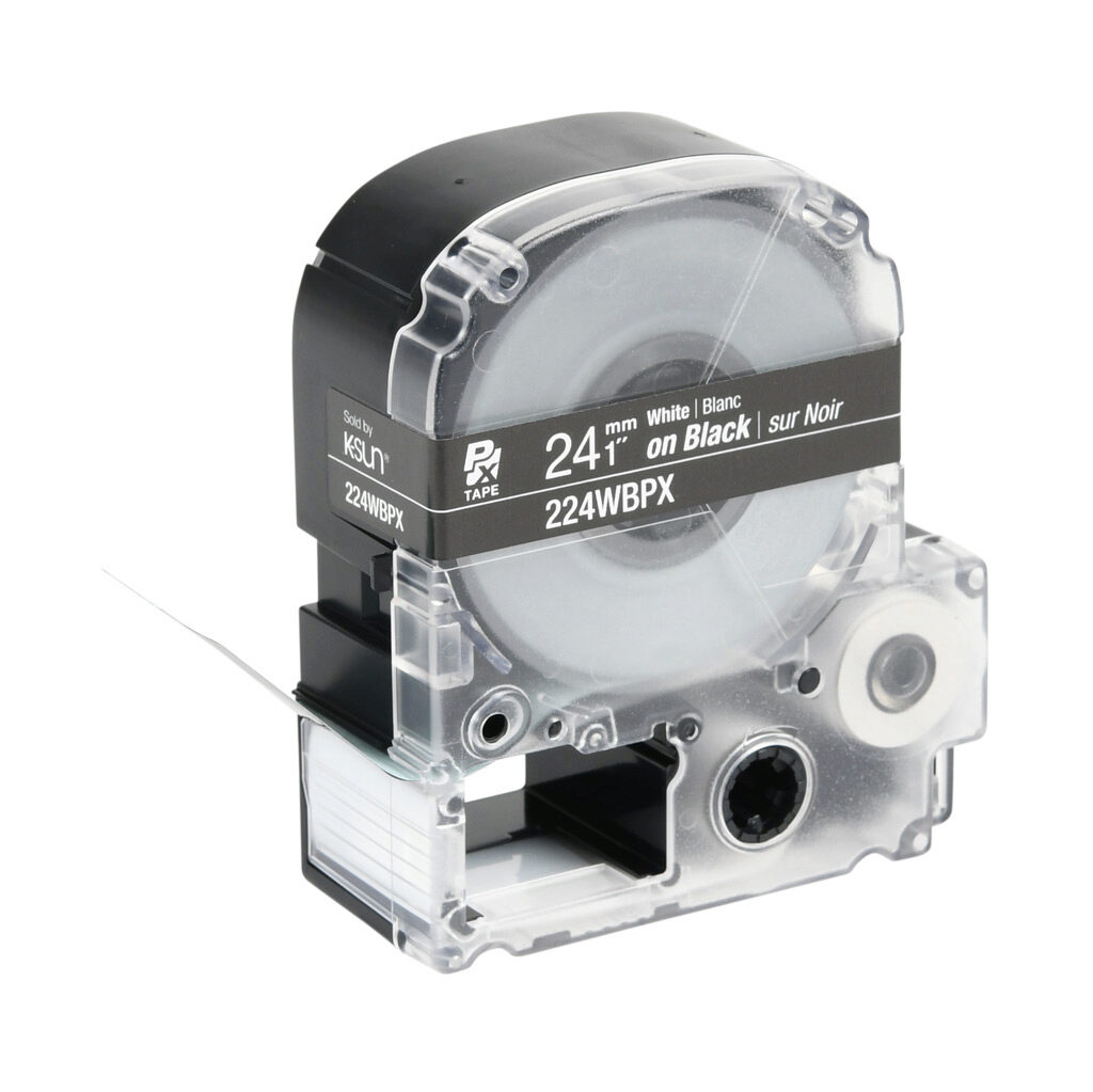 224WBPX - Epson LabelWorks PX series standard label cartridge, 24mm (1in) wide, 30ft roll, white text, black background, polyester. For use with Epson LabelWorks PX series label printers.