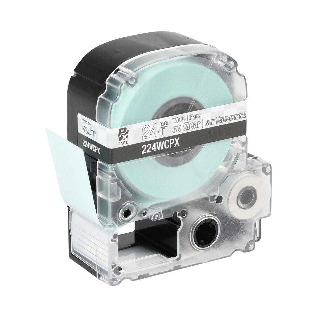 224WCPX - Epson LabelWorks PX series standard label cartridge, 24mm (1in) wide, 30ft roll, white text, clear background, polyester. For use with Epson LabelWorks PX series label printers.