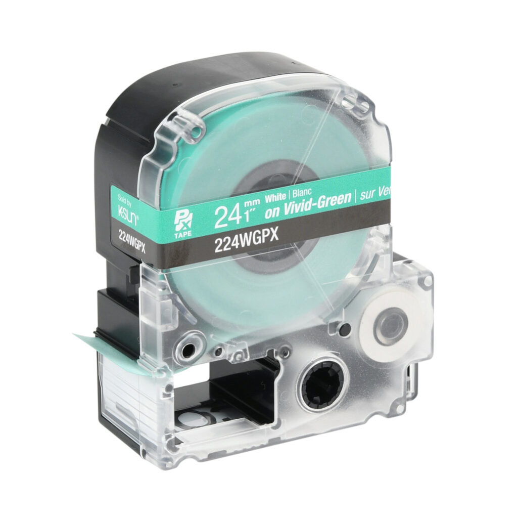 224WGPX - Epson LabelWorks PX series standard label cartridge, 24mm (1in) wide, 30ft roll, white text, green background, polyester. For use with Epson LabelWorks PX series label printers.