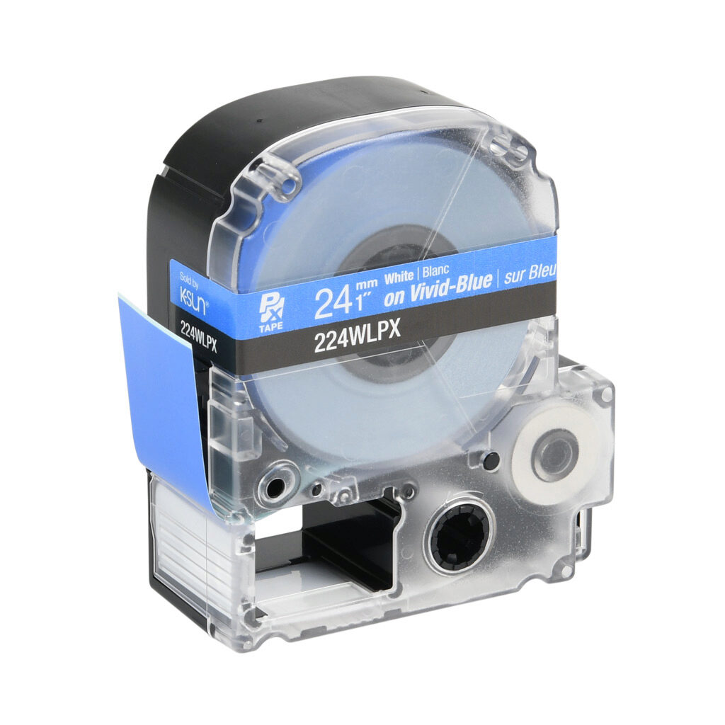 224WLPX - Epson LabelWorks PX series standard label cartridge, 24mm (1in) wide, 30ft roll, white text, blue background, polyester. For use with Epson LabelWorks PX series label printers.