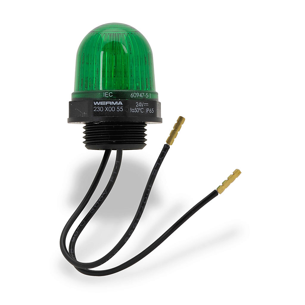 23020055 - WERMA LED industrial signal beacon, 29mm, green, permanent, IP65, M20 x 1.5 threaded base mount, 24 VDC.