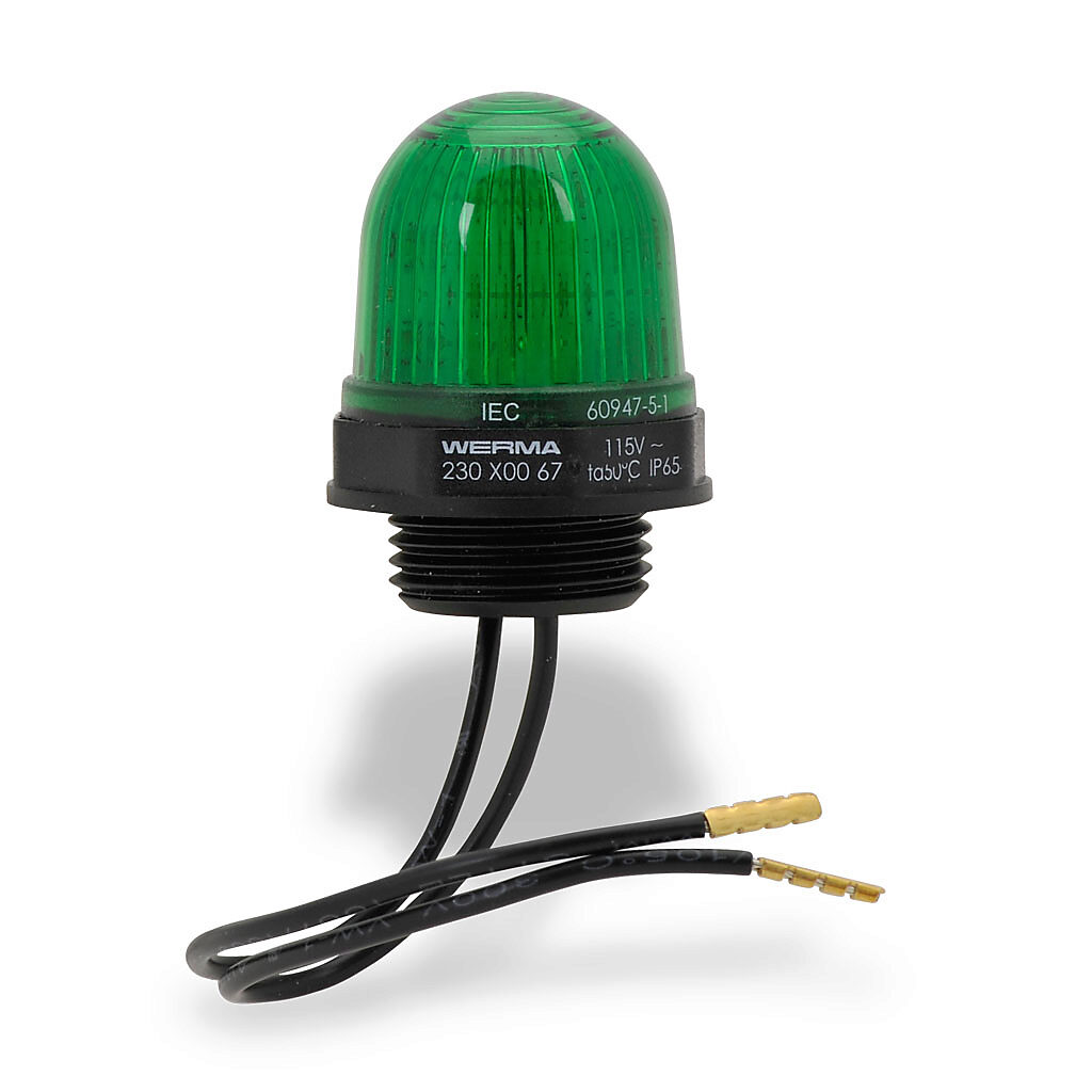 23020067 - WERMA LED industrial signal beacon, 29mm, green, permanent, IP65, M20 x 1.5 threaded base mount, 115 VAC.