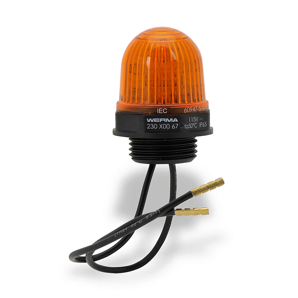 23030067 - WERMA LED industrial signal beacon, 29mm, yellow, permanent, IP65, M20 x 1.5 threaded base mount, 115 VAC.