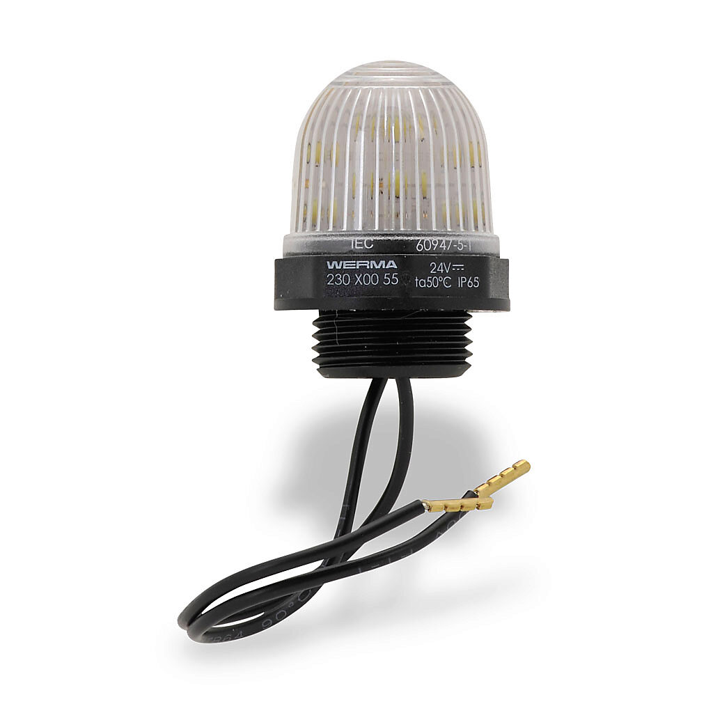 23040055 - WERMA LED industrial signal beacon, 29mm, clear/white, permanent, IP65, M20 x 1.5 threaded base mount, 24 VDC.
