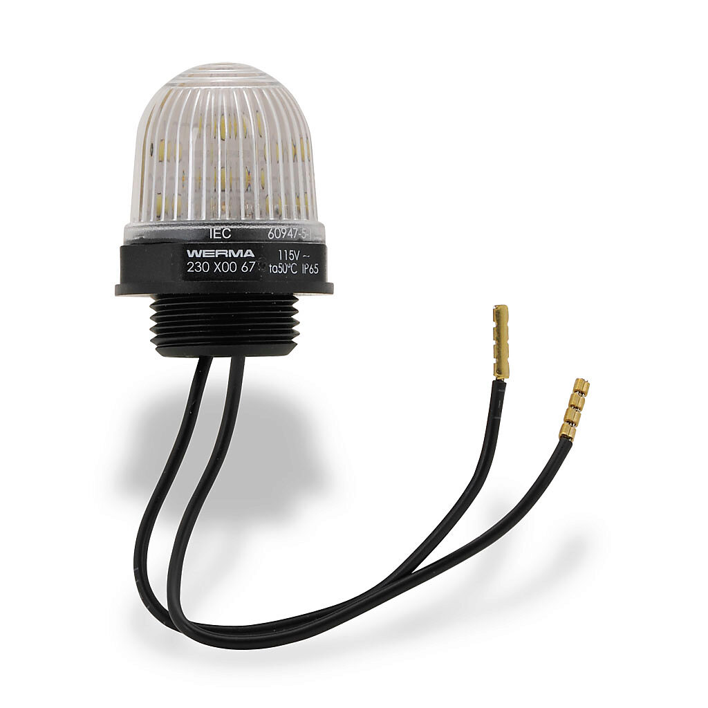 23040067 - WERMA LED industrial signal beacon, 29mm, clear/white, permanent, IP65, M20 x 1.5 threaded base mount, 115 VAC.