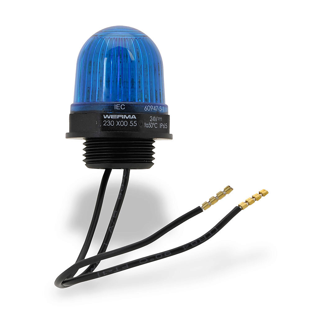 23050055 - WERMA LED industrial signal beacon, 29mm, blue, permanent, IP65, M20 x 1.5 threaded base mount, 24 VDC.