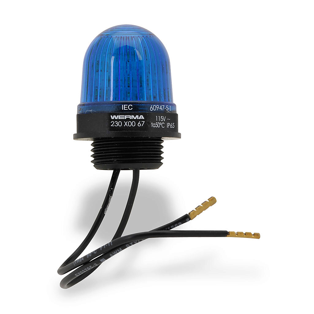 23050067 - WERMA LED industrial signal beacon, 29mm, blue, permanent, IP65, M20 x 1.5 threaded base mount, 115 VAC.