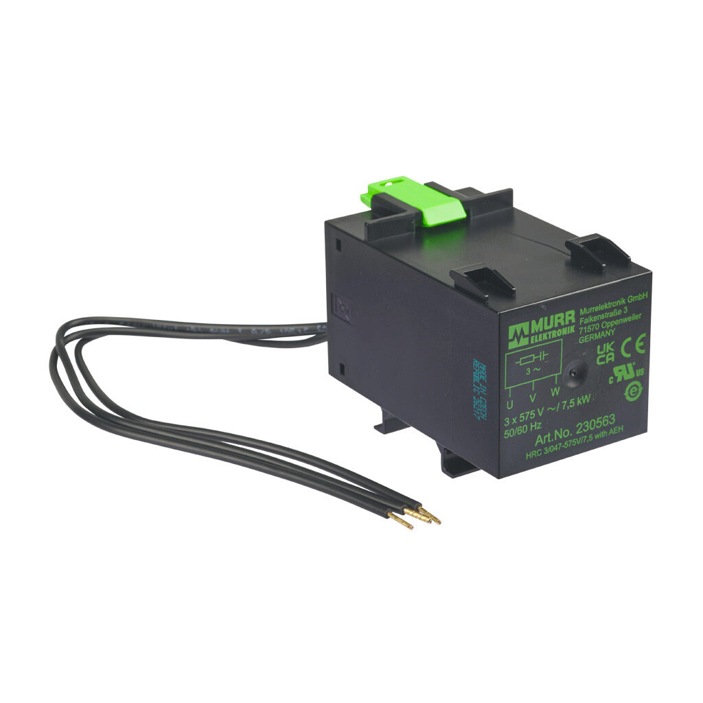 230563 - Murrelektronik motor surge suppressor, resistor-capacitor, 575 VAC, 3-phase, 50/60 Hz, 7.5 kW, pigtail with end ferrule, 35mm DIN rail mount.