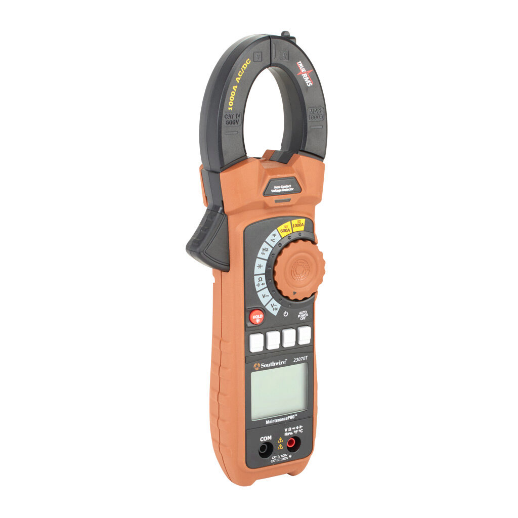 23070T - Southwire MaintenancePRO autoranging clamp meter, True RMS AC/DC voltage, AC/DC current, resistance, continuity, capacitance and frequency, CAT IV 600V/CAT lll 1000V. Test leads included.