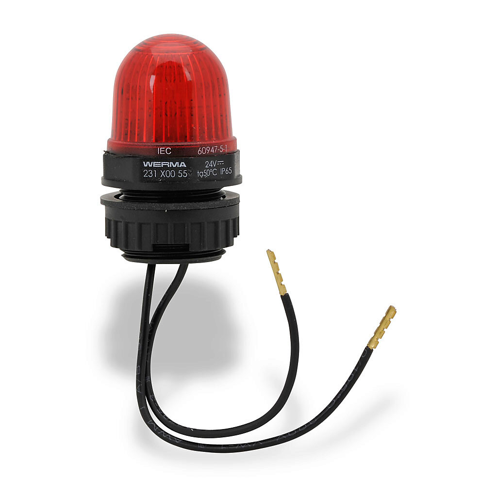 23110055 - WERMA LED industrial signal beacon, 29mm, red, permanent, IP65, 22.5mm panel mount, 24 VDC.