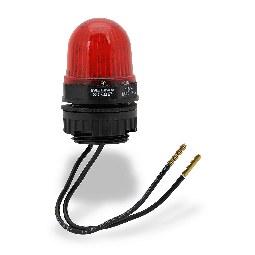 23110067 - WERMA LED industrial signal beacon, 29mm, red, permanent, IP65, 22.5mm panel mount, 115 VAC.
