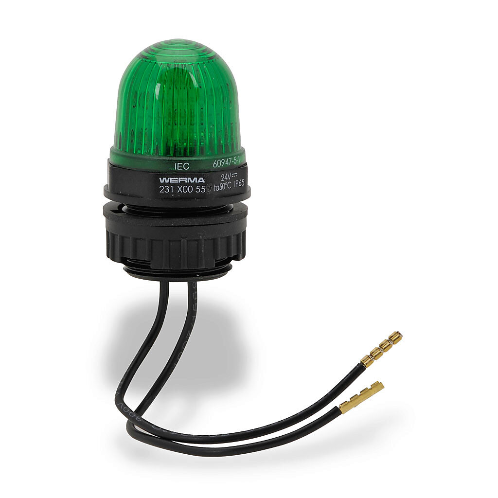 23120055 - WERMA LED industrial signal beacon, 29mm, green, permanent, IP65, 22.5mm panel mount, 24 VDC.