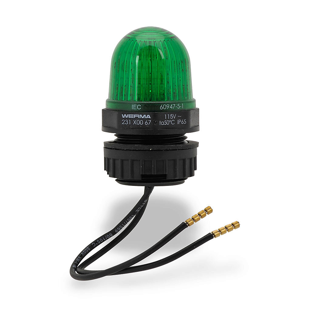 23120067 - WERMA LED industrial signal beacon, 29mm, green, permanent, IP65, 22.5mm panel mount, 115 VAC.