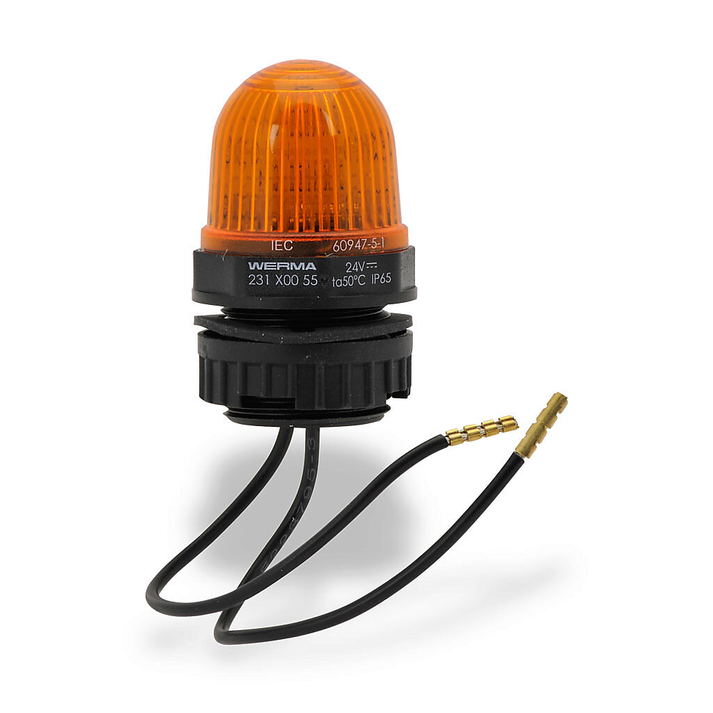 23130055 - WERMA LED industrial signal beacon, 29mm, yellow, permanent, IP65, 22.5mm panel mount, 24 VDC.