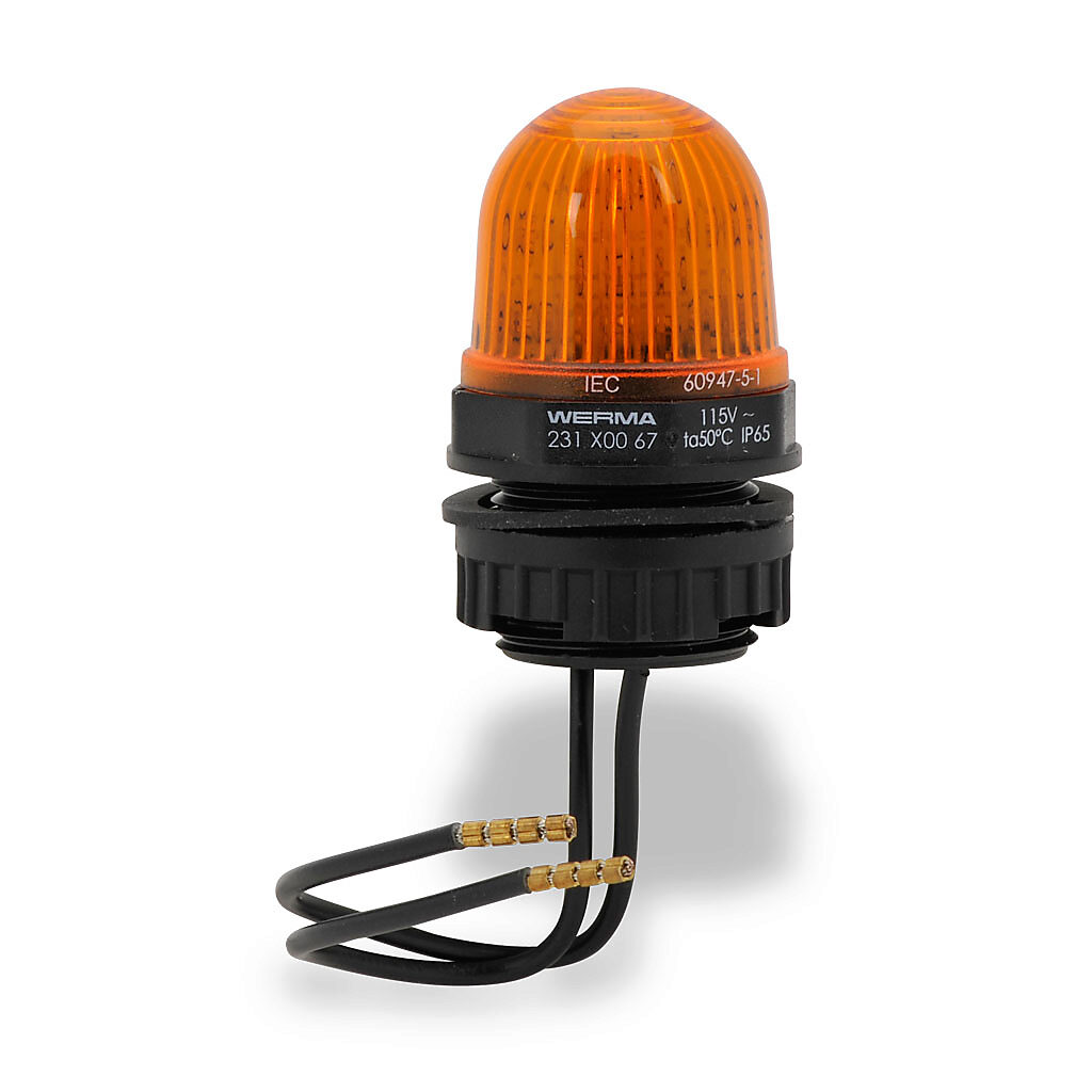 23130067 - WERMA LED industrial signal beacon, 29mm, yellow, permanent, IP65, 22.5mm panel mount, 115 VAC.